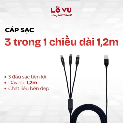 Cáp sạc đa năng 3 trong 1 dài 1.2M - Tích hợp 3 đầu sạc tiện lợi, chất liệu vải dù siêu bền, đầu hợp kim nhôm chống gỉ