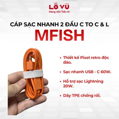Cáp sạc 2 trong 1 Mfish C to C & Lightning dài 1.2M - Sạc nhanh PD 60W, thiết kế Pixel Retro độc đáo, chất liệu TPE chống rối