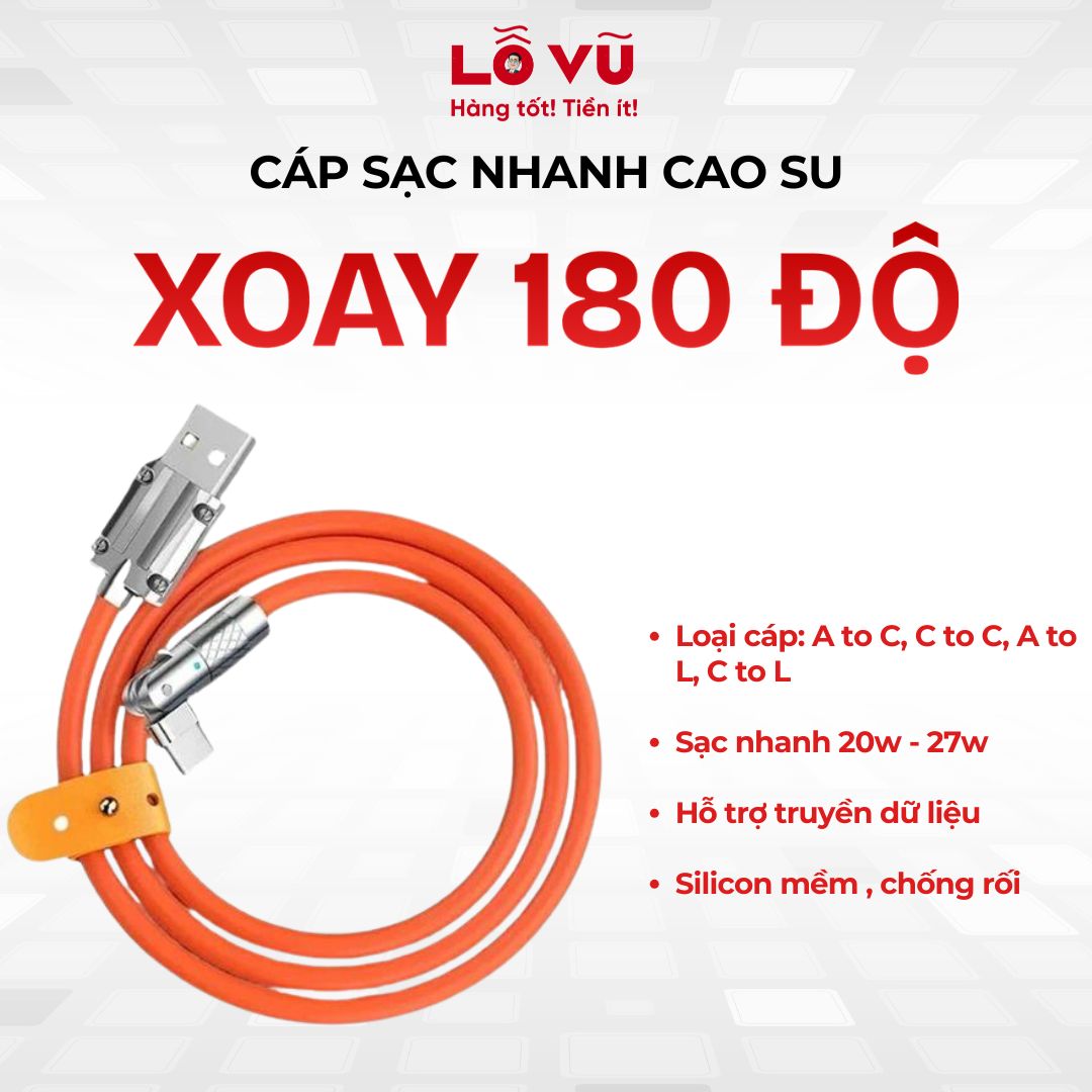 (Random màu - chiều dài) Cáp sạc nhanh cao su xoay 180 độ A to C/ C to C/ C to L/ A to L, Sạc nhanh 27w max, Truyền dữ liệu