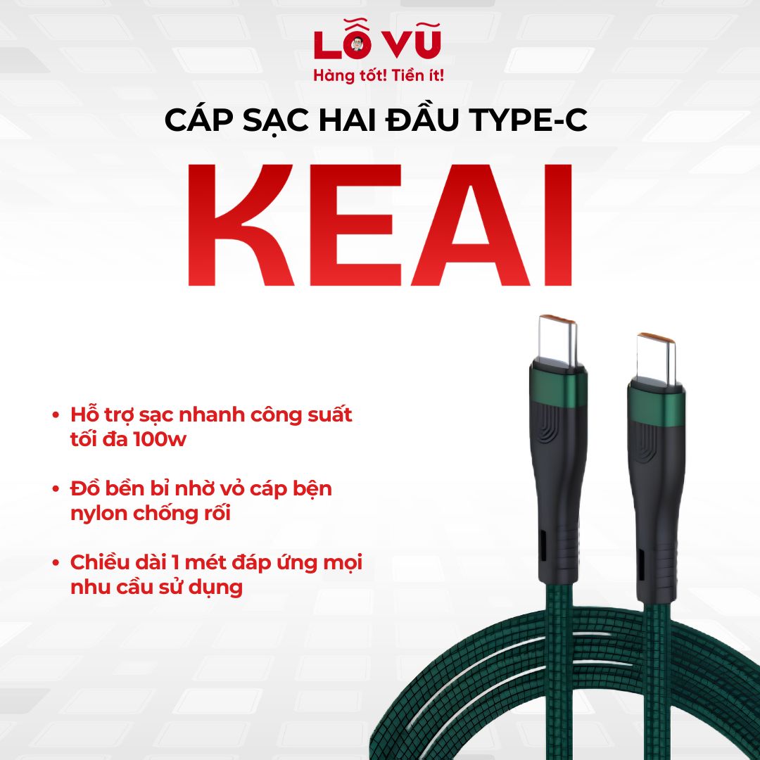 (1 mét) Cáp sạc hai đầu Type-C cao cấp KeAi 100W - Giải pháp năng lượng toàn diện cho mọi thiết bị hi-tech