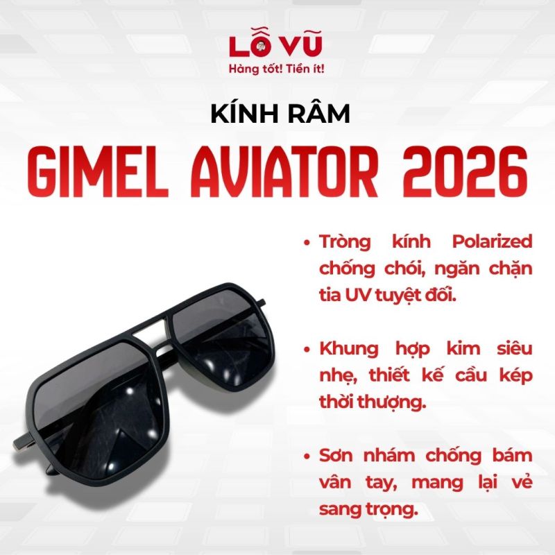 Kính râm GIMEL AVIATOR 2026, kèm túi đựng & khăn lau kính