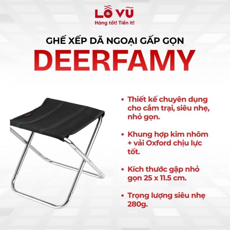 Ghế xếp dã ngoại gấp gọn DEERFAMY - Khung hợp kim nhôm siêu nhẹ 280g, vải Oxford chịu lực 100kg, lắp đặt nhanh chóng