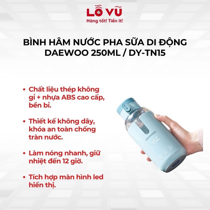 Bình hâm nước pha sữa di động DAEWOO DY-TN15 (250ml) - Làm nóng nhanh trong 5 phút, giữ nhiệt 12 giờ, lõi thép 316 y tế, thiết kế không dây tiện lợi