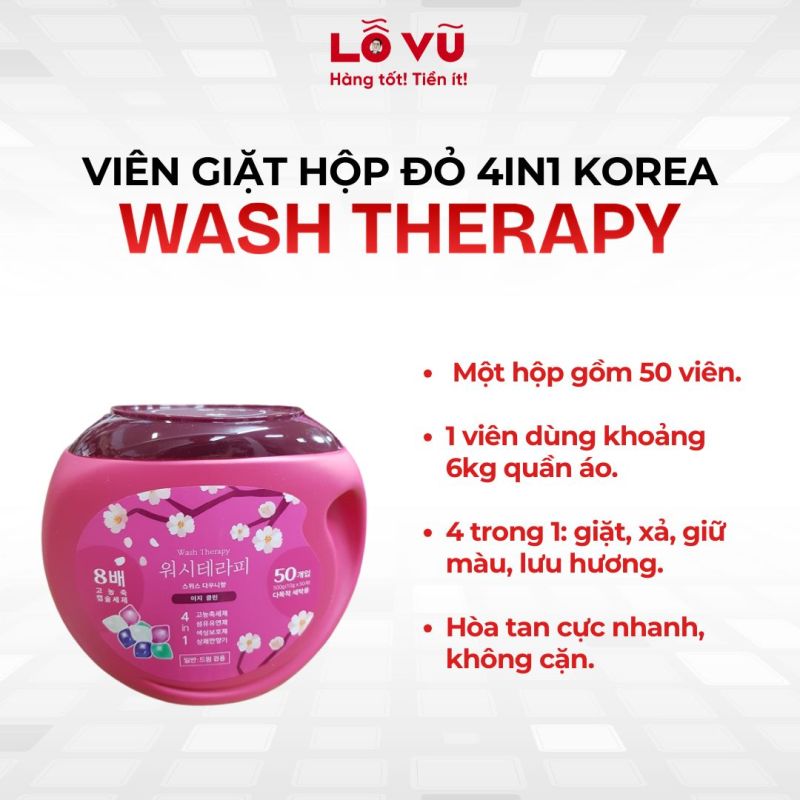Viên giặt hộp đỏ wash therapy 4IN1 Korea - Giặt xả kết hợp, lưu hương dài lâu