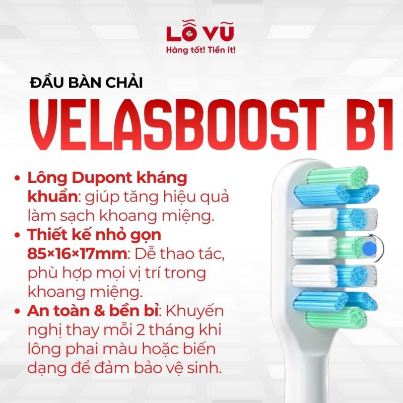 Đầu bàn chải velasboost B1 - Làm sạch sâu, sợi nylon dupont hiện đại