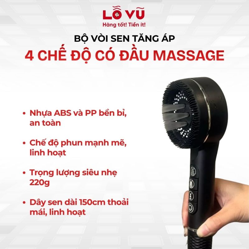 Bộ vòi sen tăng áp 4 chế độ có đầu massage