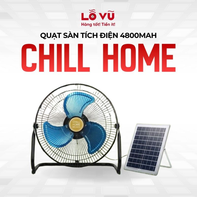Quạt sàn tích điện CHILL HOME, pin 4800mAh, kèm panel NLMT, lồng & cánh kim loại