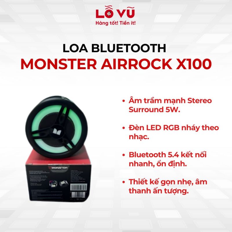 Loa bluetooth Monster AirRock X100 - âm thanh vòm sống động, đèn LED RGB theo nhịp nhạc, bluetooth 5.4 ổn định