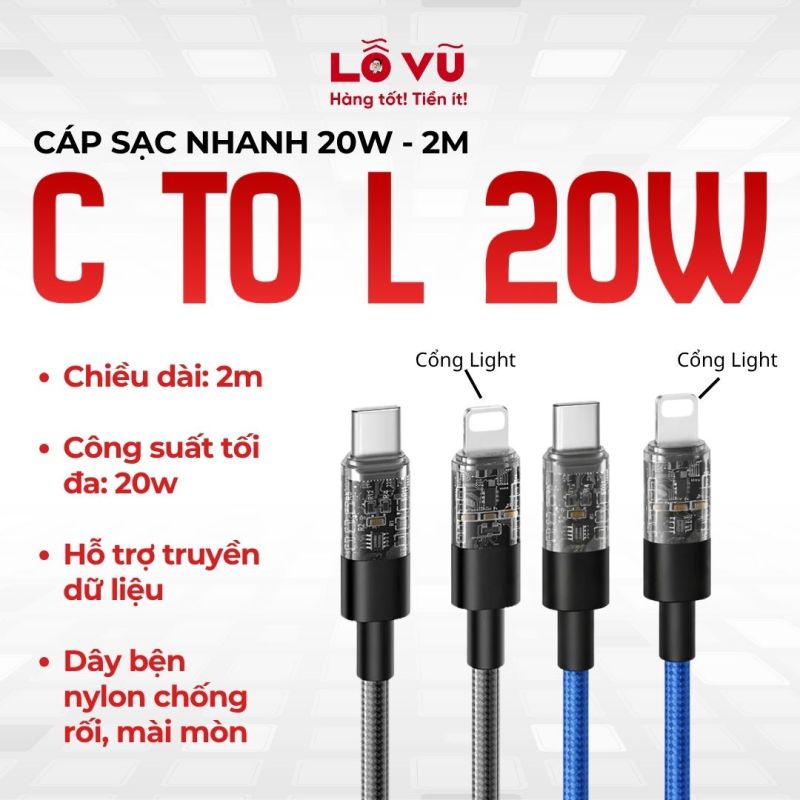 Cáp sạc C to Lightning lộ mạch 20W dài 2M - Thiết kế Cyberpunk độc đáo, tích hợp màn hình LED hiển thị, vỏ bện dù và sạc nhanh PD