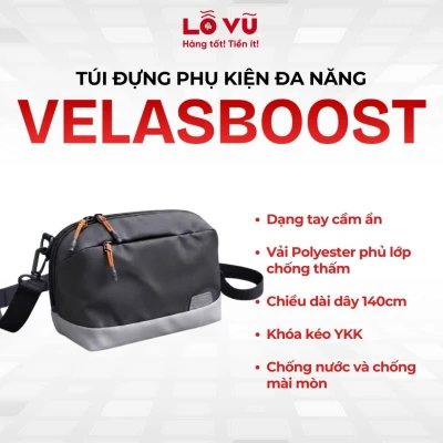 (Đen Xám) Túi đựng phụ kiện đa năng Velaboost, Dạng cầm tay, Chống nước và chống mài mòn, Có dây đeo