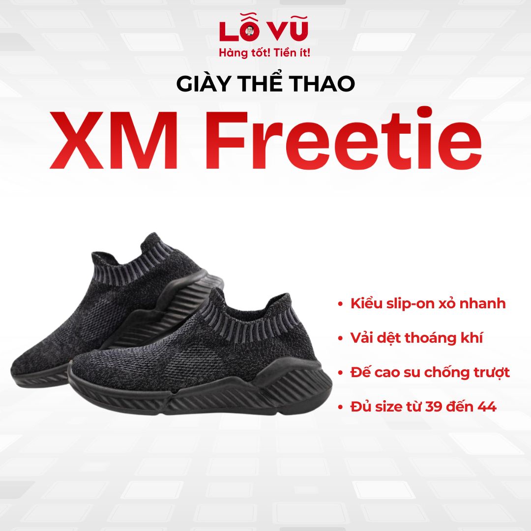 Giày thể thao XM Freetie đế đen - thiết kế slip-on thời trang, vải thoáng khí chống thấm, đế cao su êm ái, size từ 39-44