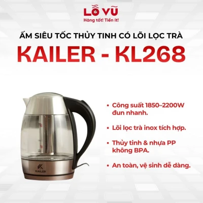 Ấm đun nước siêu tốc thủy tinh có lõi lọc trà Kailer - KL268