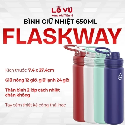 Bình giữ nhiệt FLASKWAY 650ml - Thiết kế tối giản, chất liệu thép không gỉ 18/8 cao cấp, giữ nhiệt hiệu quả, không đế lót