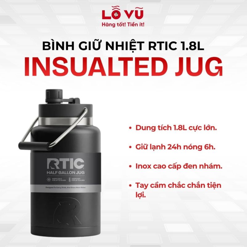 Bình Giữ Nhiệt RTIC Insulated Jug (1.8L) - Dung tích cực đại, giữ lạnh vượt trội đến 24h