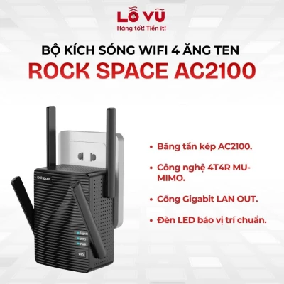 Bộ kích sóng wifi 4 ăng ten Rock space AC2100 Dual Band Wi-Fi Repeater, 2 băng tần - có cổng LAN