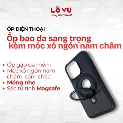 Ốp bao da sang trọng kèm móc xỏ ngón nam châm - Có sạc magsafe
