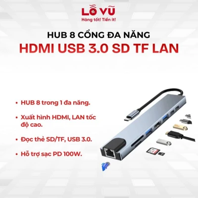 Hub 8 cổng đa năng HDMI USB 3.0 SD TF LAN (8 in 1)