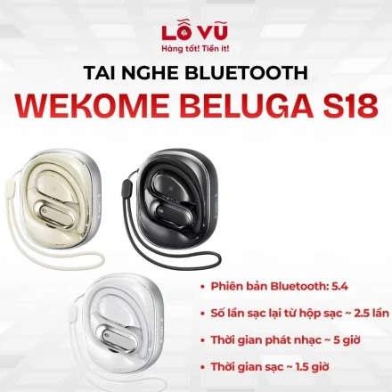 Tai nghe WEKOME BELUGA S18, Bluetooth 5.4, Dung lượng 300mAh, Thời gian phát nhạc 5 giờ
