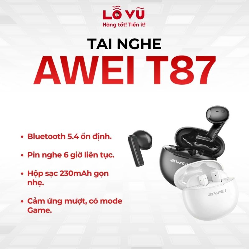 Tai nghe Awei T87 - Bluetooth 5.4, độ trễ thấp , điều khiển cảm ứng