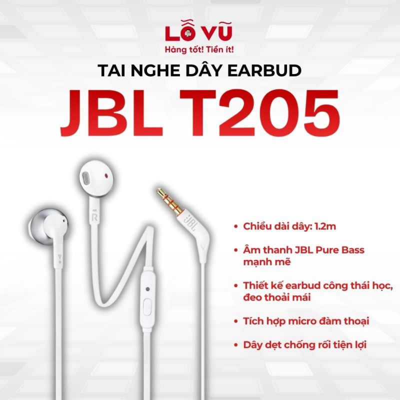 (Nobox) Tai nghe dây earbud JBL T205 - Âm bass mạnh, đeo êm tai