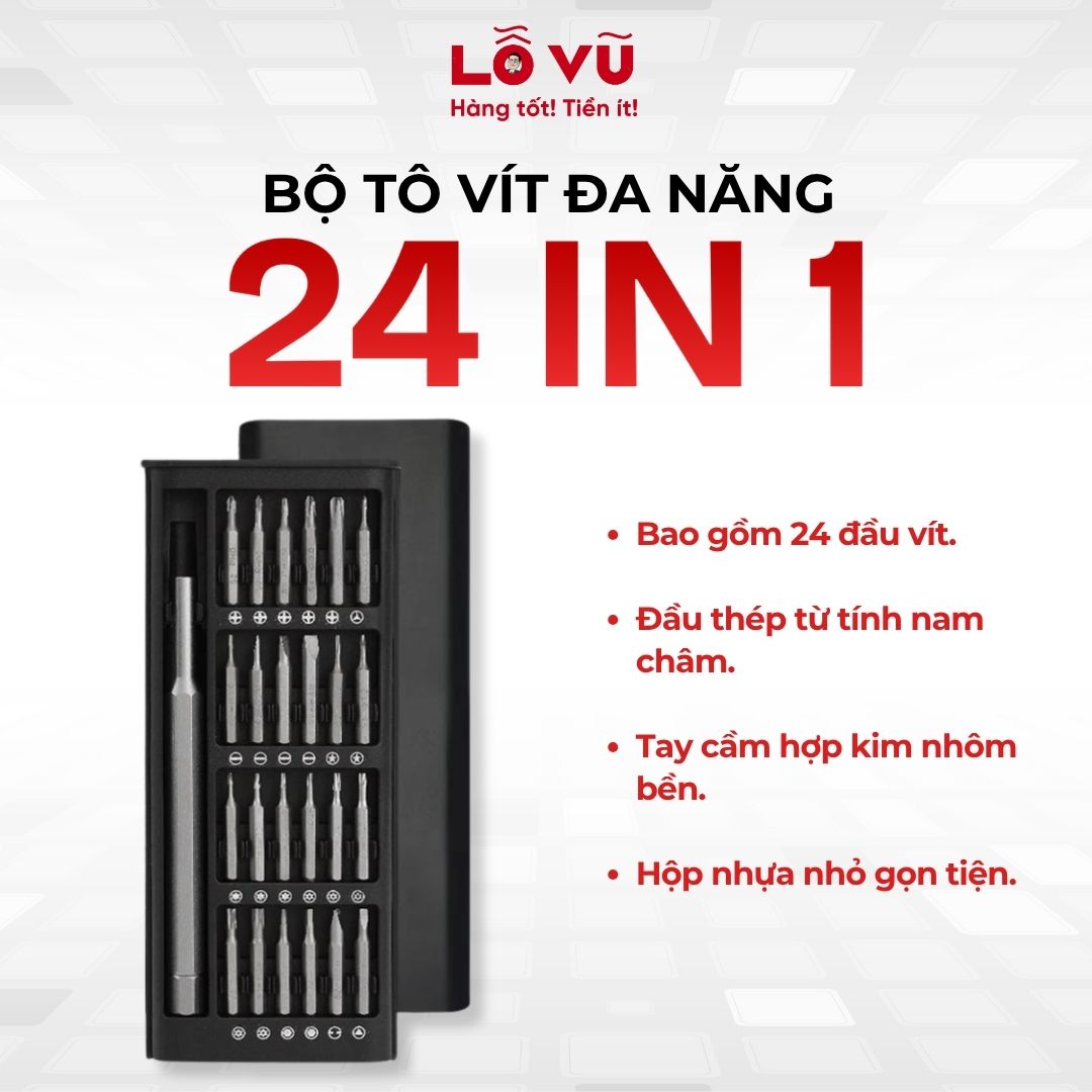 Bộ tô vít đa năng 24 in 1 - 24 đầu vít, đầu thép từ tính nam châm, tay cầm hợp kim nhôm