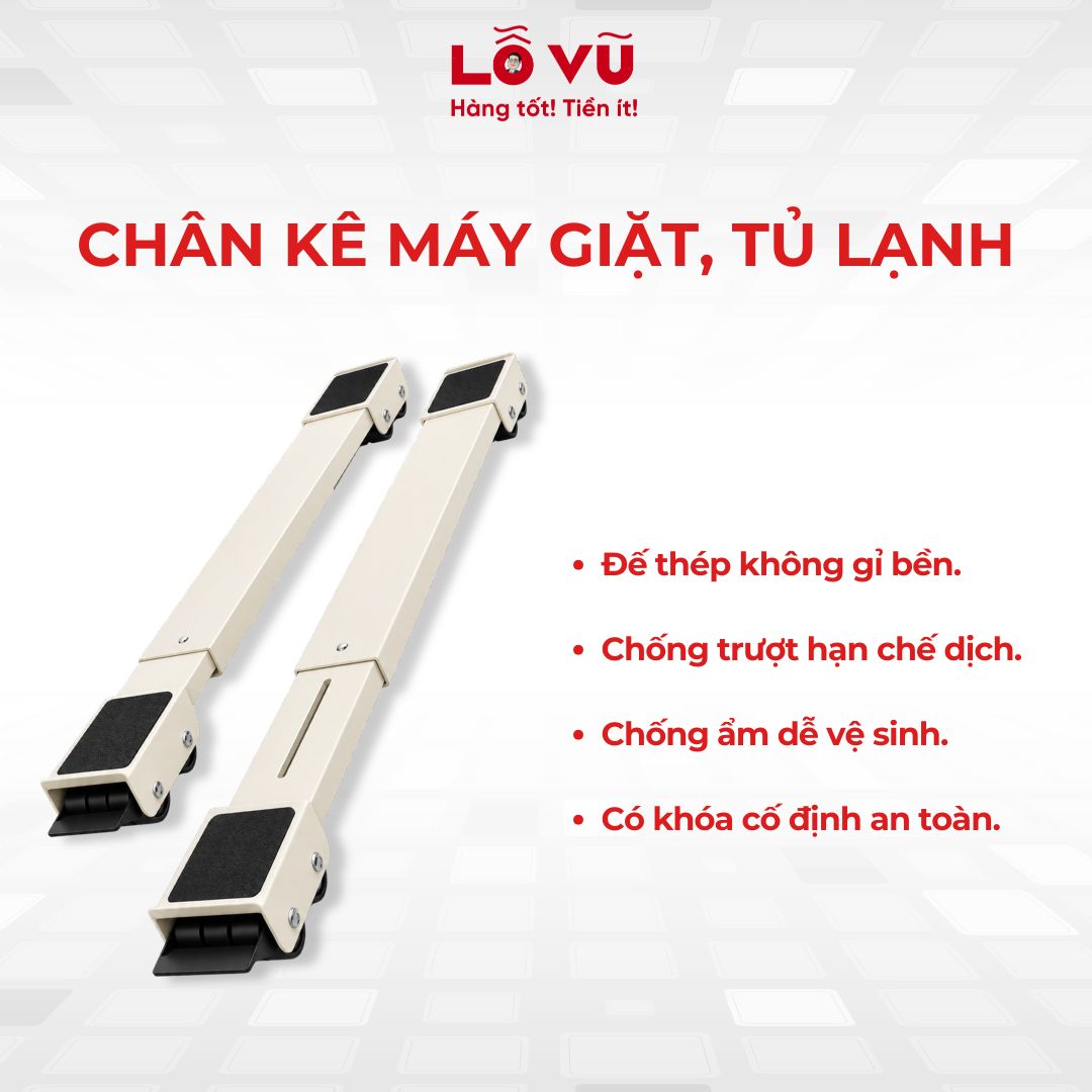 Chân kê máy giặt, tủ lạnh - Đế thép không gỉ, chống trượt, chống ẩm, có khóa cố định an toàn