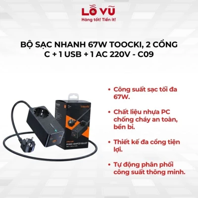 Bộ sạc nhanh kiêm ổ cắm Toocki 67W (C09) - Công nghệ GaN, hỗ trợ PD 67W & PPS, tích hợp ổ cắm 2500W, giải pháp đa năng cho bàn làm việc