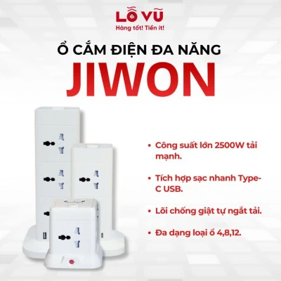Ổ cắm điện đa năng Jiwon 4 ổ, 8 ổ, 12 ổ - Công suất 2500W, tích hợp cổng sạc USB và Type C