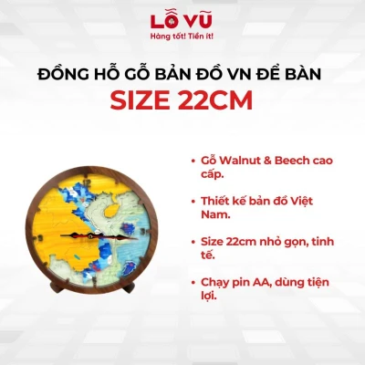 Đồng hỗ gỗ bản đồ VN để bàn Size 22cm - Nghệ thuật tinh tế không gian nhỏ