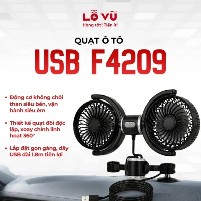Quạt Ô Tô USB F4209, 3 cấp độ gió điều chỉnh đa hướng linh hoạt