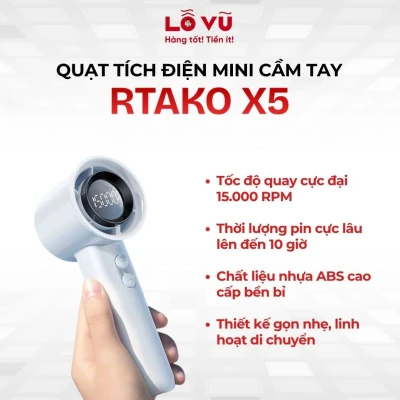 Quạt tích điện mini cầm tay RTAKO X5, 3 cấp độ gió ( gió nhẹ, gió trung bình, gió mạnh)