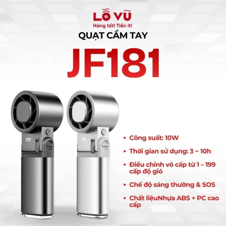 Quạt cầm tay JF181, 199 cấp độ gió, dùng khoảng 3 – 10 giờ (tùy mức gió & chế độ sử dụng)