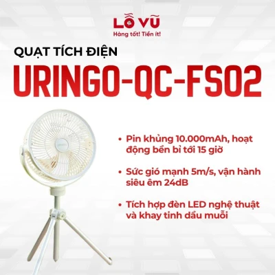 Quạt tích điện URINGO - QC-FS02, 4 mức điều chỉnh, Để bàn, treo trần lều, dựng Tripod, cắm bãi cỏ
