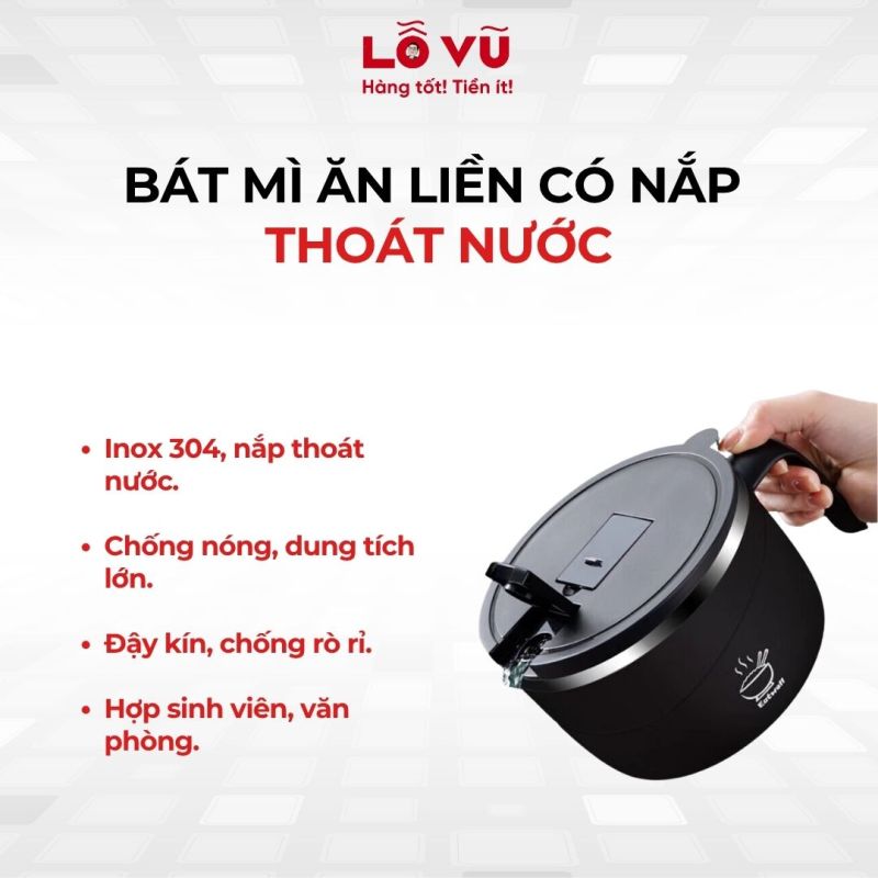 Bát mì ăn liền có nắp thoát nước - Thép không gỉ, vỏ nhựa PP cao cấp, dúng tích 1350ml