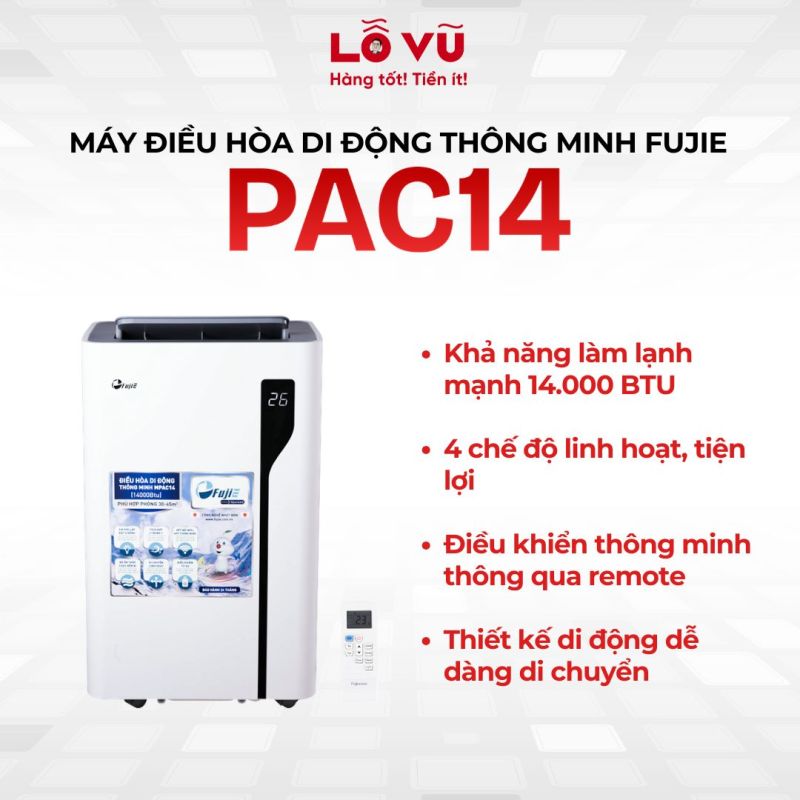 Máy điều hòa di động thông minh Fujie PAC14 - 14000BTU, 4 chế độ linh hoạt, điều khiển thông minh, thiết kế di độnng