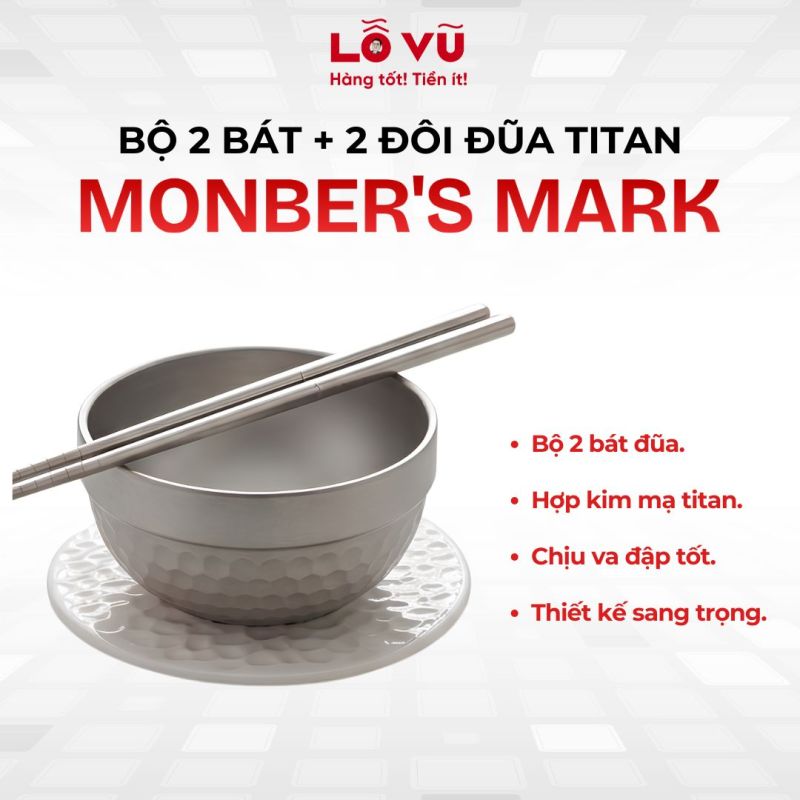 Bộ 2 Bát + 2 đôi đũa TITAN hãng Monber's Mark, chất liệu hợp kim mạ Titanium