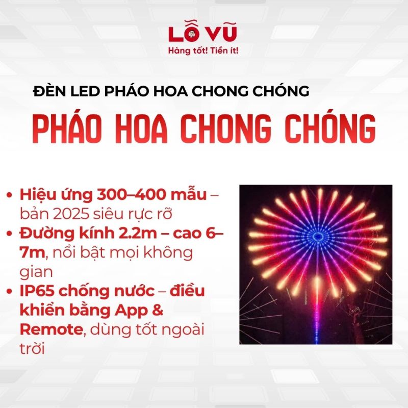 Đèn LED pháo hoa chong chóng - 24 tia siêu sáng, 400 hiệu ứng động, điều khiển app và remote