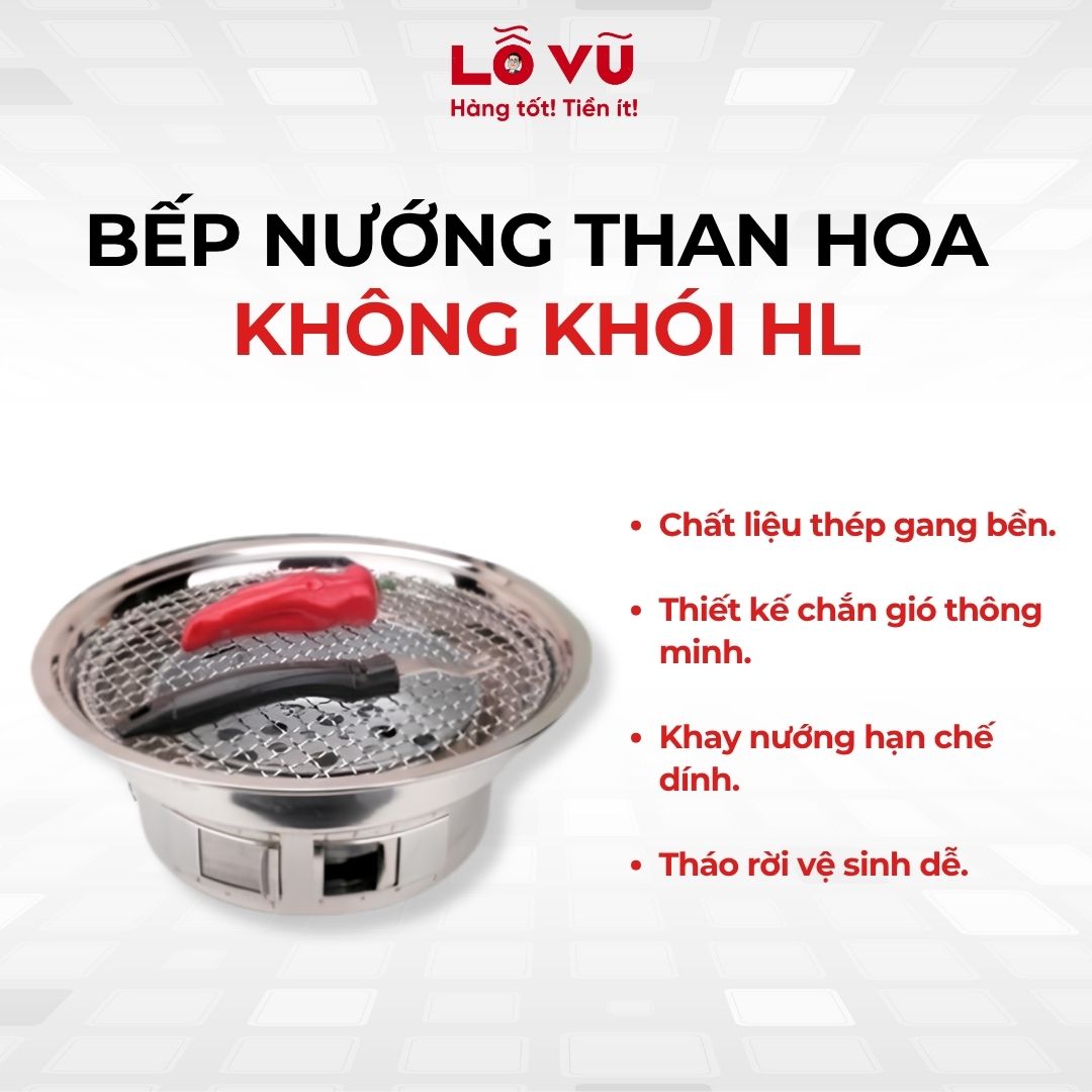 Bếp nướng than hoa không khói HL - Thép gang bền, khay nướng hạn chế dính, dễ dàng tháo lắp