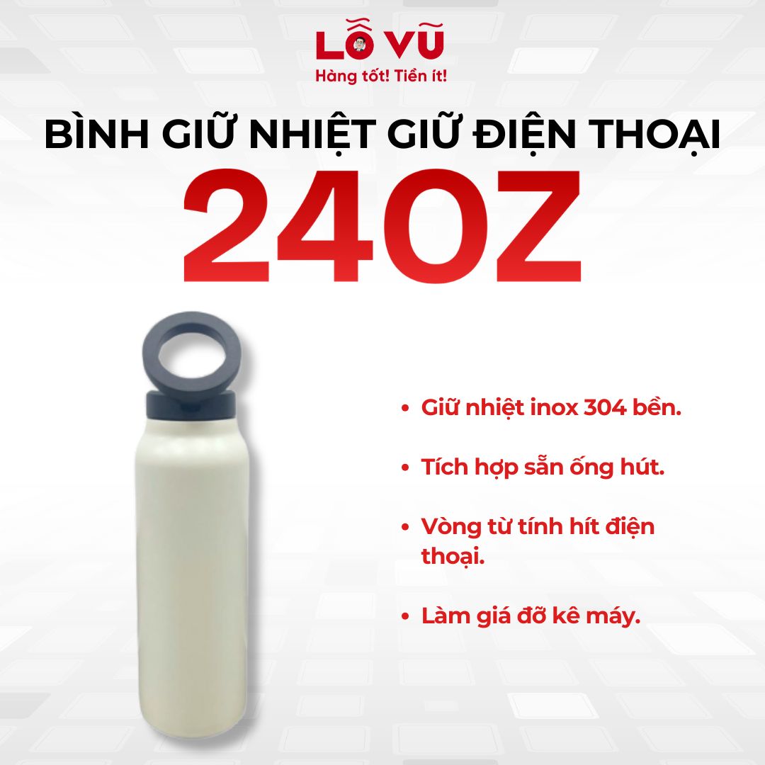 Bình giữ nhiệt giữ điện thoại 24oz - Inox 304 bền bỉ, tích hợp sẵn ống hút, làm giá đỡ kê máy, vòng từ tính hút điện thoại