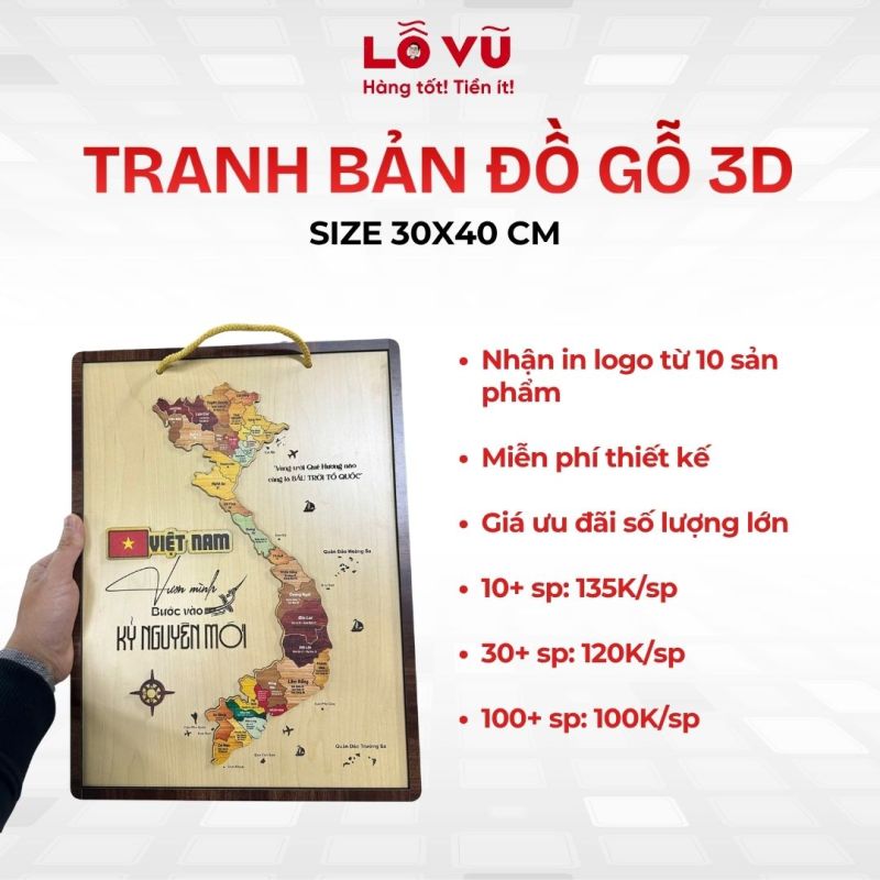 Tranh bản đồ VN gỗ 3D size 30x40 cm