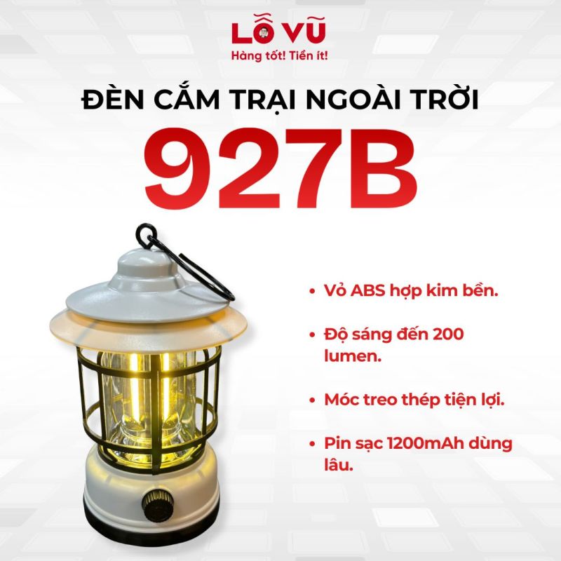 Đèn cắm trại ngoài trời 927B - Vỏ ABS hợp kim bền, độ sáng tối đa 200 lumen, pin 1200mah bền bỉ