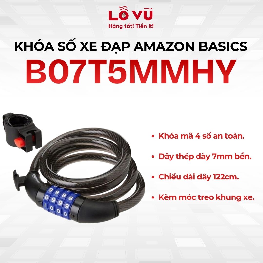 Khoá số xe đạp AMAZON BASICS B07T5MMHYH - Khóa mã 4 số, dây thép dày, dây dài 122cm