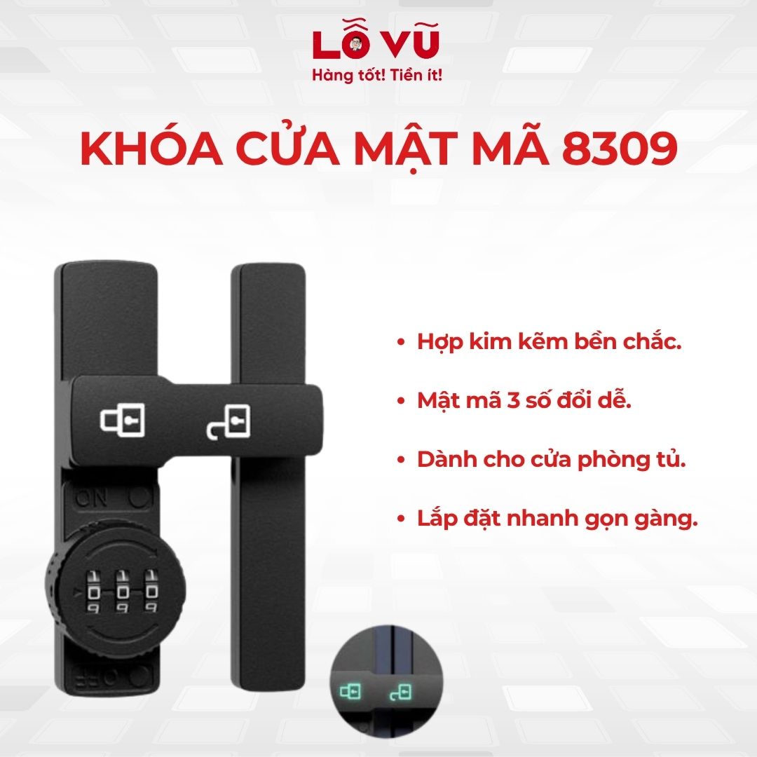 Khóa cửa mật mã 8309 - Hợp kim kẽm bền, mật mã 3 số, lắp đặt dễ dàng