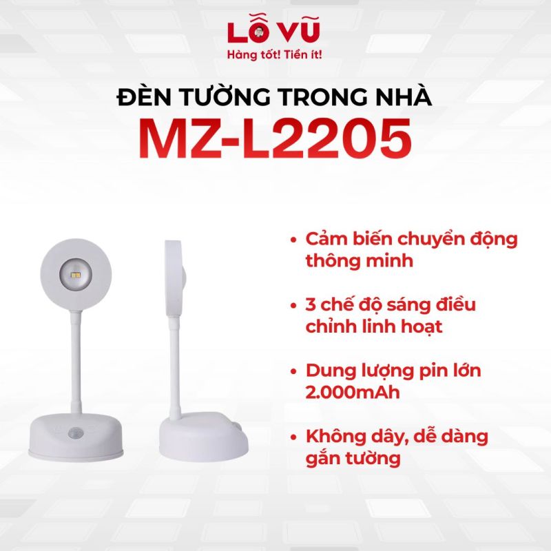 Đèn tường trong nhà MZ-L2205 - Cảm biến chuyển động thông minh, 3 chế độ sáng, pin 2000mAh