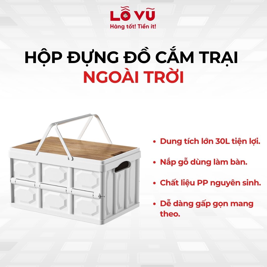 Hộp đựng đồ cắm trại ngoài trời - Dung tích lớn 30L, nắp gỗ làm bàn, chất liệu PP nguyên sinh, dễ dàng gấp gọn