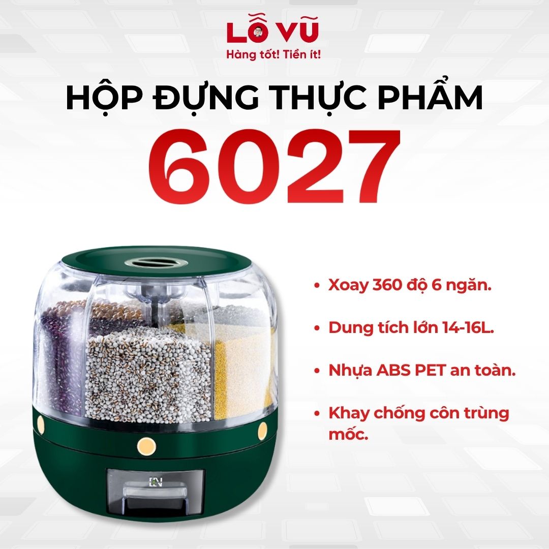 Hộp đựng thực phẩm 6027 - Chất liệu ABS PET AS cao cấp, dung tích lớn 14 16L, chống ẩm mốc côn trùng