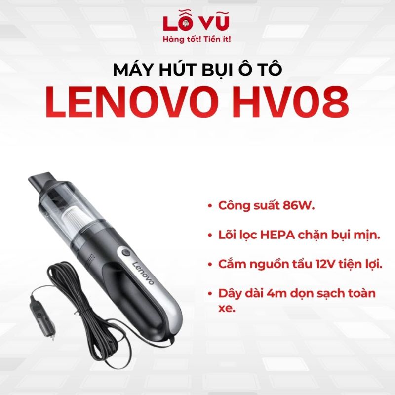 Máy hút bụi ô tô chuyên dụng Lenovo HV08 - Công suất mạnh, lọc HEPA kháng khuẩn, dây dài nguồn tẩu 12V làm sạch mọi ngóc ngách