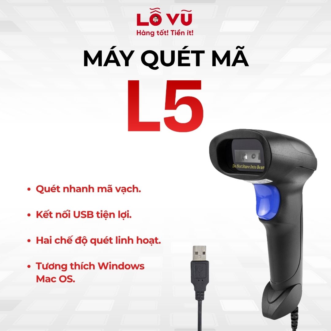 Máy quét mã L5 - Quét nhanh mã vạch, kết nối USB, 2 chế độ quét, tương thích Windows, mac OS
