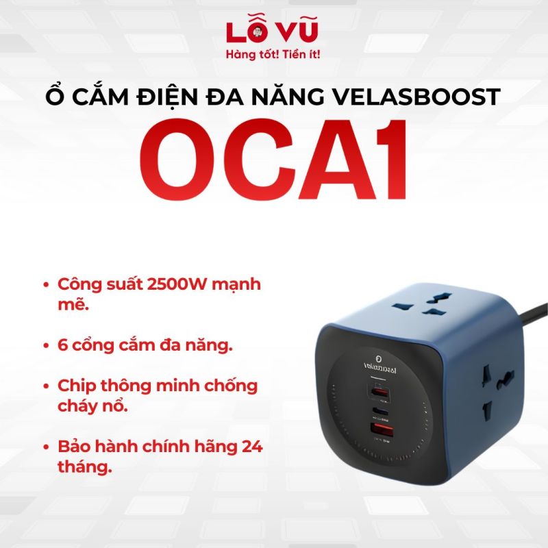 Ổ Cắm Điện Đa Năng OCA1 Velasboost, Chịu Tải Cao 2500W, Sạc Nhanh 65W, Nhiều Lỗ Cắm
