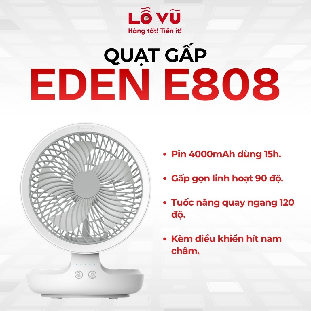 Quạt Gấp EDEN E808, Tích hợp điều khiển từ xa, Gắn điều khiển lên mặt quạt nhờ nam châm ẩn
